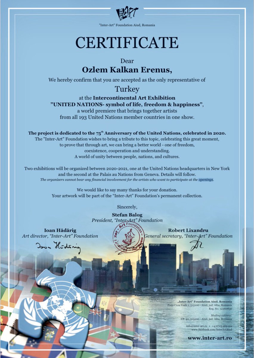 OKErenus's tweet photo. Wonderful news from @interartfoundation Aiud-Romania made my day!
With my heartfelt gratitude...
.
#internationalartexhibition 
#unitednations #un #newyork 
#ozlemkalkanerenus 
#representative of #turkey🇹🇷 
#interartfoundation https://t.co/6CeKxC12Kk