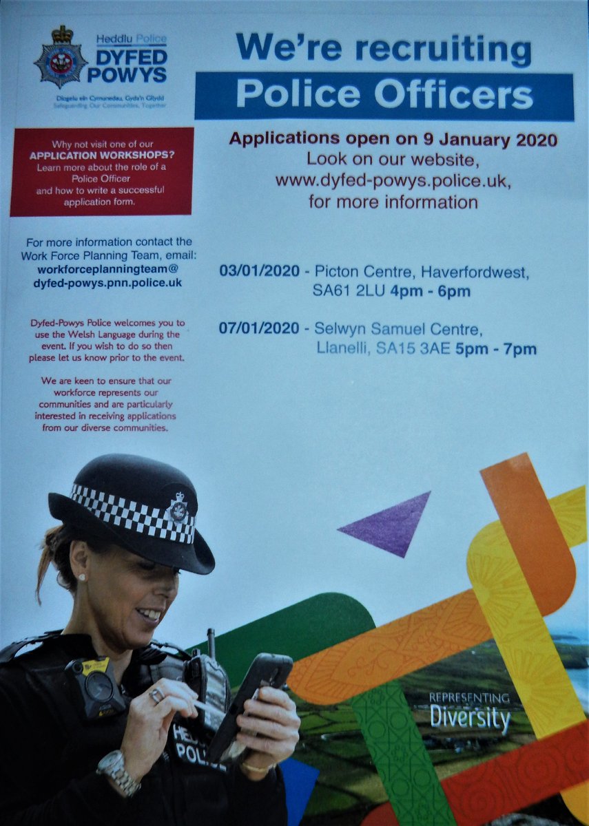 LlanelliComPart's tweet photo. Police Officer Recruitment opens 9th Jan 2020.
Interested?
There will be an application workshop on 7th Jan 2020 at the Selwyn Samuel Centre, Llanelli, SA153AE between 5pm-7pm. Pop along to find out more. https://t.co/khSUlZYRrP