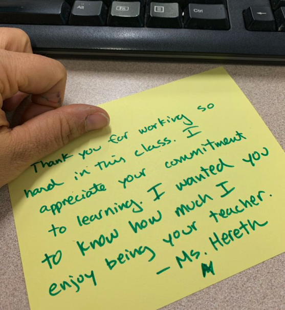teacher2teacher's tweet photo. How do you brighten those tougher teaching days? T @MsHereth has begun writing thank-you notes to Ss! #TeachPos #RelationshipsMatter https://t.co/RfcmvKg6JN