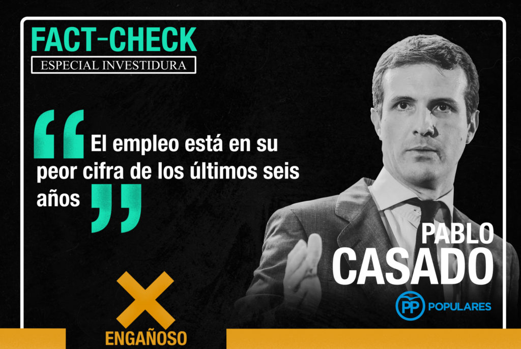 Newtral's tweet photo. Pablo Casado: “el empleo está en su peor cifra de los últimos seis años”. Esta afirmación es ENGAÑOSA. Aquí lo explicamos https://t.co/EFqFREIXAE
#factcheckingENDIRECTO https://t.co/qFHiPIxtHn