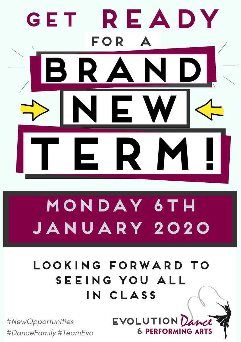 EvoDance15's tweet photo. Get ready for the start of a BRAND NEW TERM! We're looking forward to seeing you all in class from Monday 6th January, 2020.  Let's make some new dance memories! 💕

#TeamEvo #DanceFamily #AllWelcome #NewTerm #NewOpportunities https://t.co/24ECdD0MCg