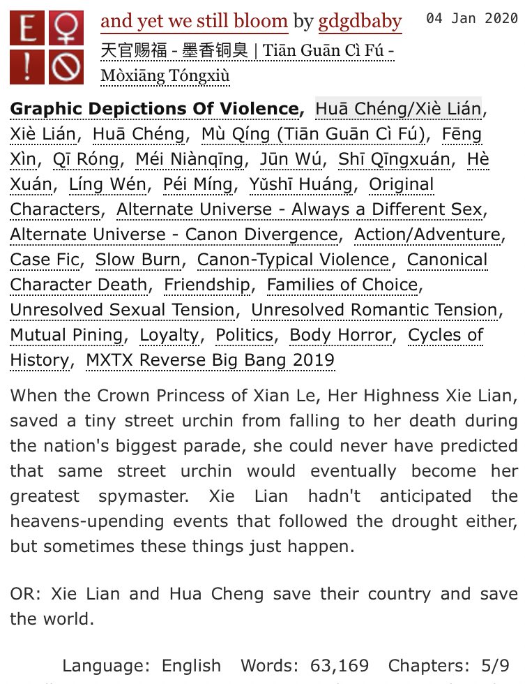 happy new year!!!!! part four/chapter five of "and yet we still bloom," my f/f #hualian #mxtxrbb2019 story, is up 😌 #tgcf #天官赐福

archiveofourown.org/works/21562741…

x.com/boldsurvive/st…