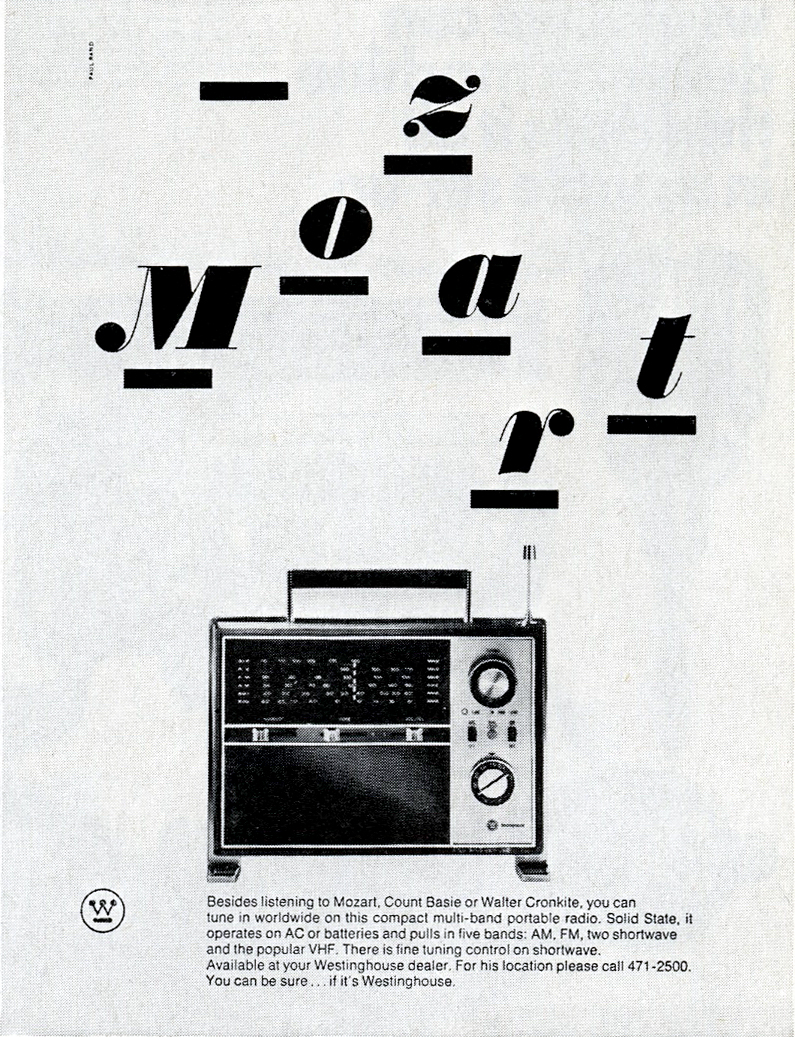 Lett_Arc's tweet photo. Paul Rand, magazine advertisements from a campaign for Westinghouse products, 1972. As seen in Graphis Annual 72/73, The Graphis Press, Zurich. https://t.co/YTQXsLlau8