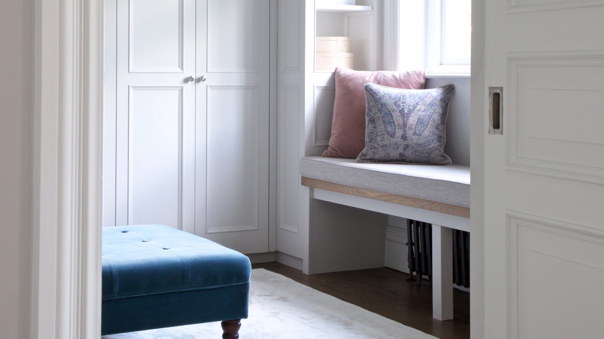 DRESSING ROOM | There is no better way to start the new year than with a good clear-out. Everything has its place in this dreamy Master Dressing Room that we designed. We love the cosy reading nook. 
#interiordesign #marloeinteriors #marloe #dressingroom   #NewYearsResolutions