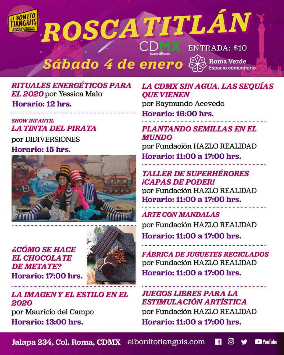 BonitoTianguis's tweet photo. El programa de hoy en #ROSCATITLÁN2020. Muestra gastronómica + actividades artísticas para niños + conferencias sobre bienestar + artesanías + 3 estados invitados + talleres de reciclaje. #ComercioLocal, #eventoSustentable, #sinDesechables #FinDeSemana
https://t.co/dquHO0Gik7 https://t.co/6k1PCdS41s