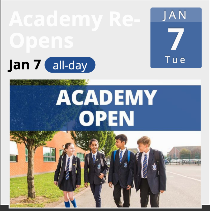 SaintWilfrids's tweet photo. REMINDER: The Academy re-opens for the Spring Term on TUESDAY 7th JANUARY - We'd like to wish all of our students and parents/carers a Happy New Year for 2020 #wilfrids https://t.co/aT8BMuLCQy