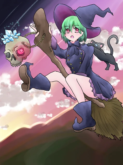 Twilight Witch #女の子 #魔女 #魔法使い #猫 #髑髏 #夕焼け #空 #箒 #オリジナル https://t.co/FFv2FnQPec 