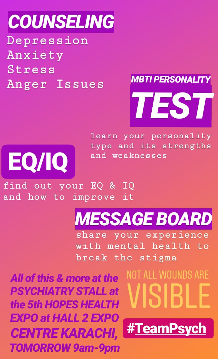 ZohaSkywalker's tweet photo. Visit us at the Psychiatry Stall tomorrow to avail all of these services and MORE for FREE !

#HOPES
#HOPESHealthExpo
#5thjanuary 
#TeamPsych https://t.co/IsNpWJy0Pn