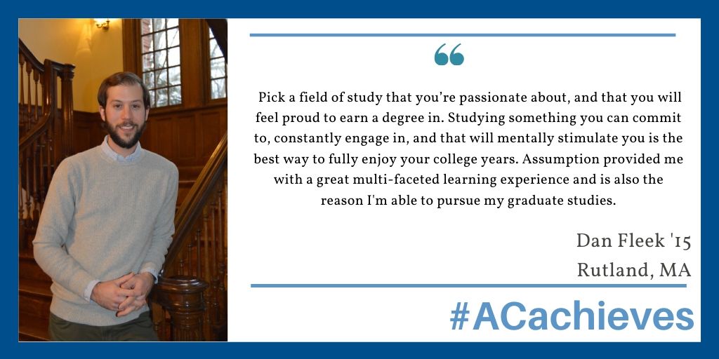 AssumptionUadm's tweet photo. Assumption prepares students for a well-lived life and to embrace every possibility. Since graduating in '15, Dan, an English literature major, has served in the US Air Force and is currently pursuing a master's in library and information science at @SimmonsUniv 🐾 #ACachieves https://t.co/2CsMptX3oX