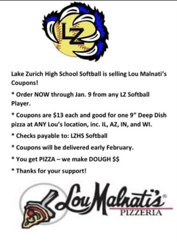 This is the final week for Lou Malnati's Pizza Coupons so please contact any LZ softball player to order your pizzas! #lzhssoftball #lznation <a href="/LZHSBEARS/">LZHS BEARS</a> <a href="/lzstudents/">LZHS BEAR DEN</a>