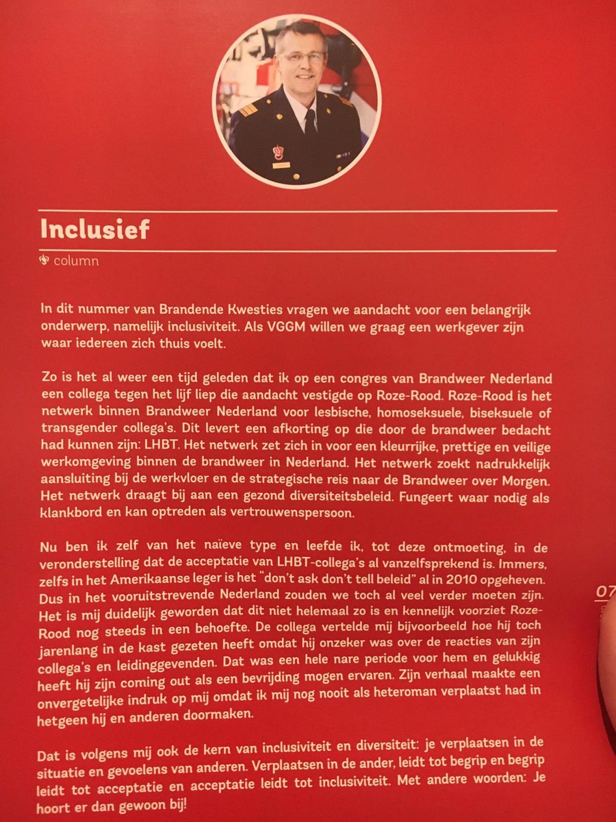 rozeinrood's tweet photo. Onlangs heeft de Brandweer Gelderland Midden een artikel gepubliceerd over inclusiviteit en diversiteit. Dit artikel is geschreven door Anton Slofstra (Commandant) en een aantal ambassadeurs van het netwerk Roze in Rood. #brandweer #diversiteit #rozeinrood #inclusiviteit https://t.co/ReeRb6P3ML
