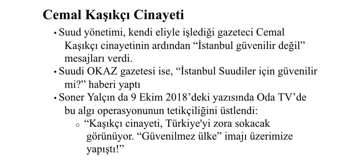 Cemal Kaşıkçı cinayetinde Suudi yayın organı OKAZ’ın “cinayeti Türkiye işledi” algı operasyonunu Soner Yalçın anında köşesine taşıdı.Gladio’nun hedefi Erdoğan iken Gladio’nun 2 kuklasının birbiriyle paslaşmasına kimse şaşırmamalı, patronaj aynı.