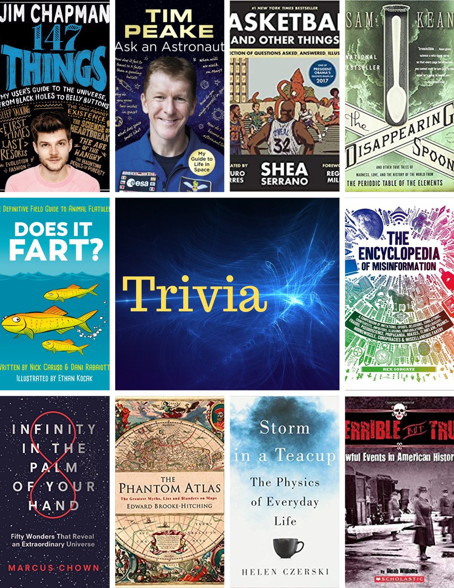 BookListaDay's tweet photo. Happy #TriviaDay! Here are 10 books of various trivia, featuring @JimChapman @astro_timpeake @SheaSerrano @sam_kean @PlethodoNick @DaniRabaiotti @fimoculous @marcuschown @foxtosser @helenczerski &amp; Dinah Williams. Blog for full list &amp; summaries: https://t.co/rSRttgcJar https://t.co/8BAbOzCrPY