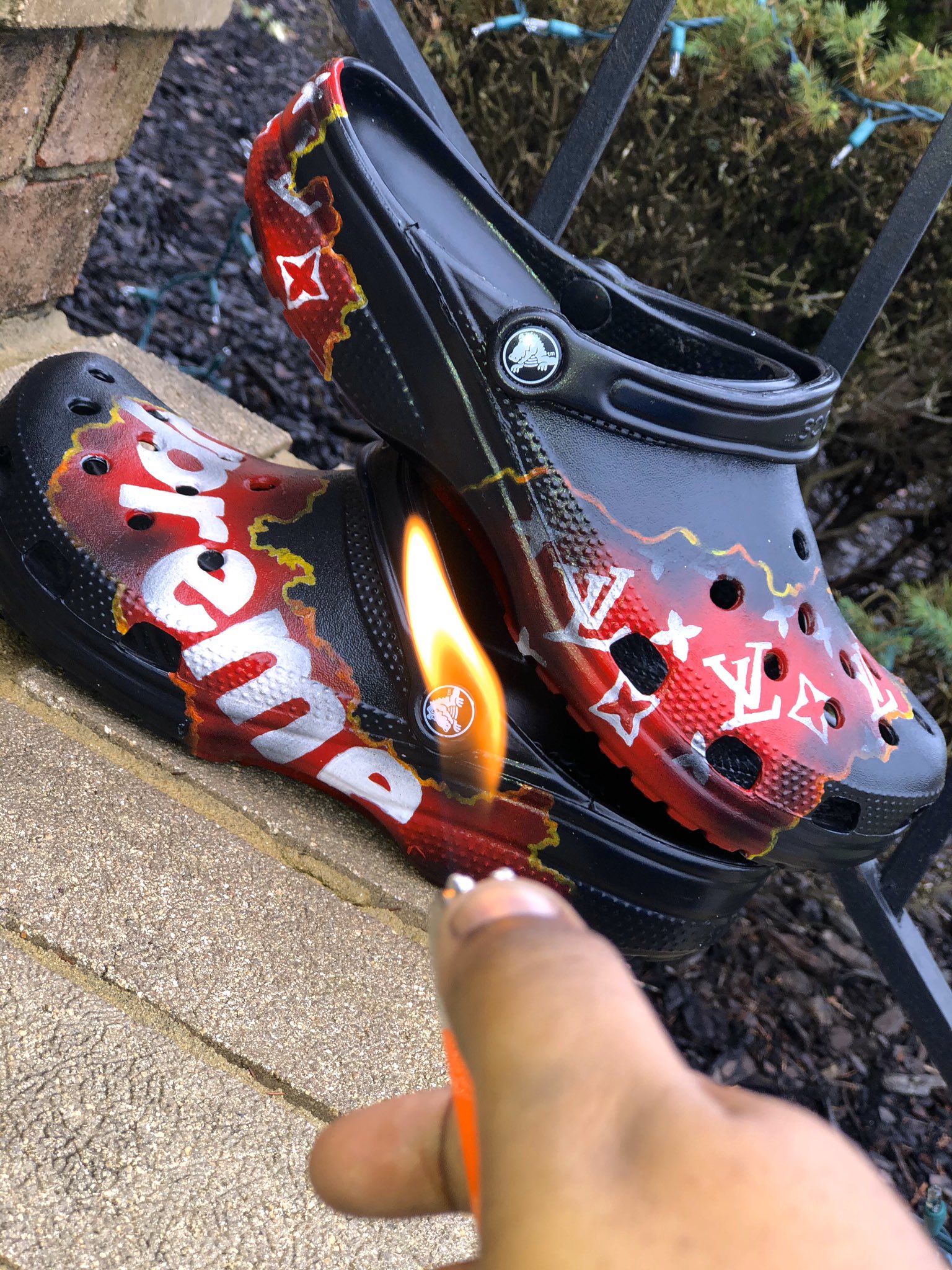 Kt1k 🥀 on X: Burned LV x SUPREME custom 🔥🔥Y'all like your Crocs well  done ? 🤔  / X