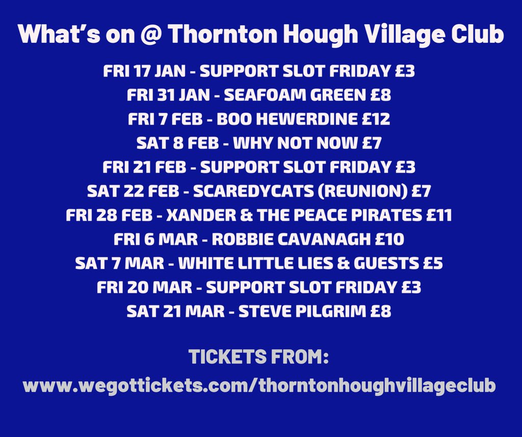 THVClive's tweet photo. Live music coming up at THVC Jan-Mar.  Tickets from https://t.co/40mcJOGRR6.  @SeafoamGreenHQ @MellowtoneRecs @boohewerdine @ScaredycatsUK @thepeacepirates @Mr_StevePilgrim @WLLmusicuk @robbiecavanagh https://t.co/ThUG0QmW8g