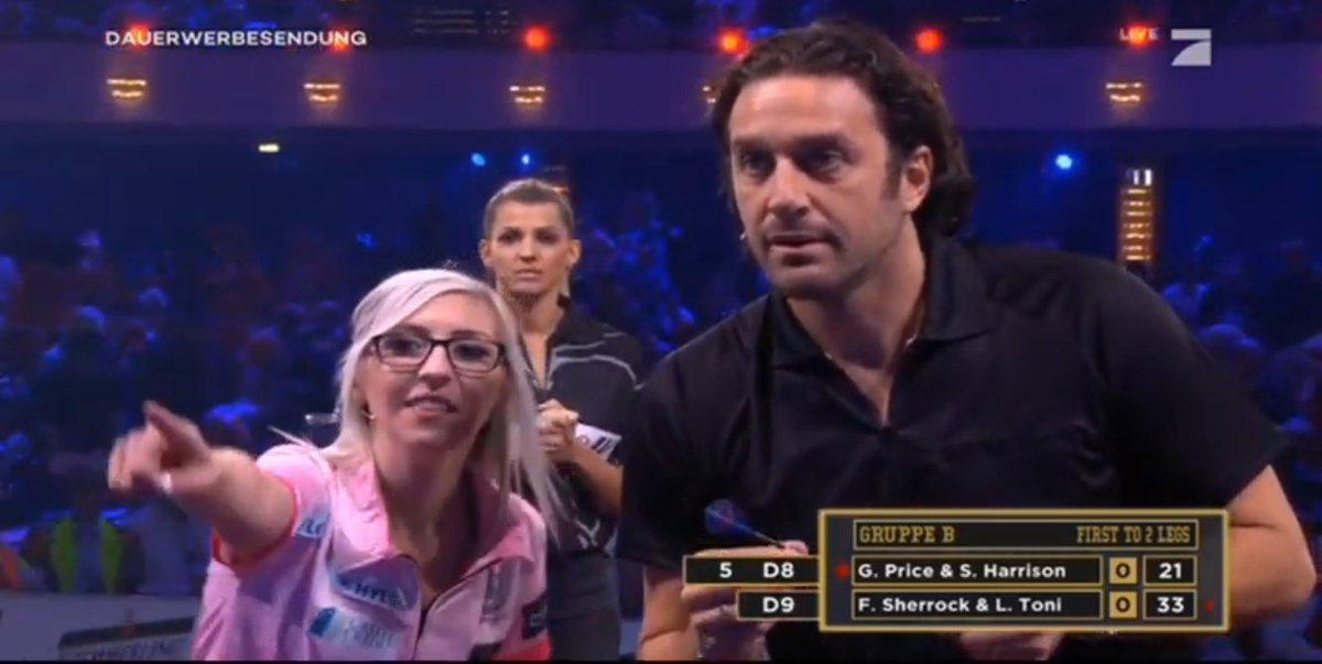 Fallon Sherrock playing darts alongside footie legend Luca Toni at tonight’s pro-celeb comp in Germany. 
 #promidartswm