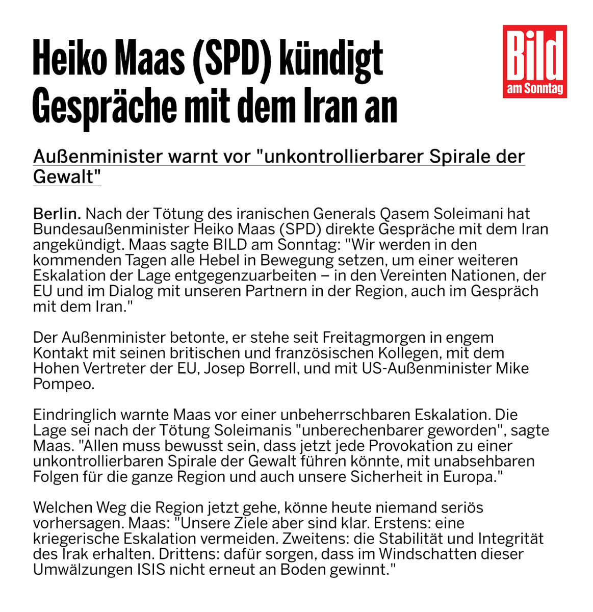 Maas (SPD) kündigt Gespräche mit dem Iran an