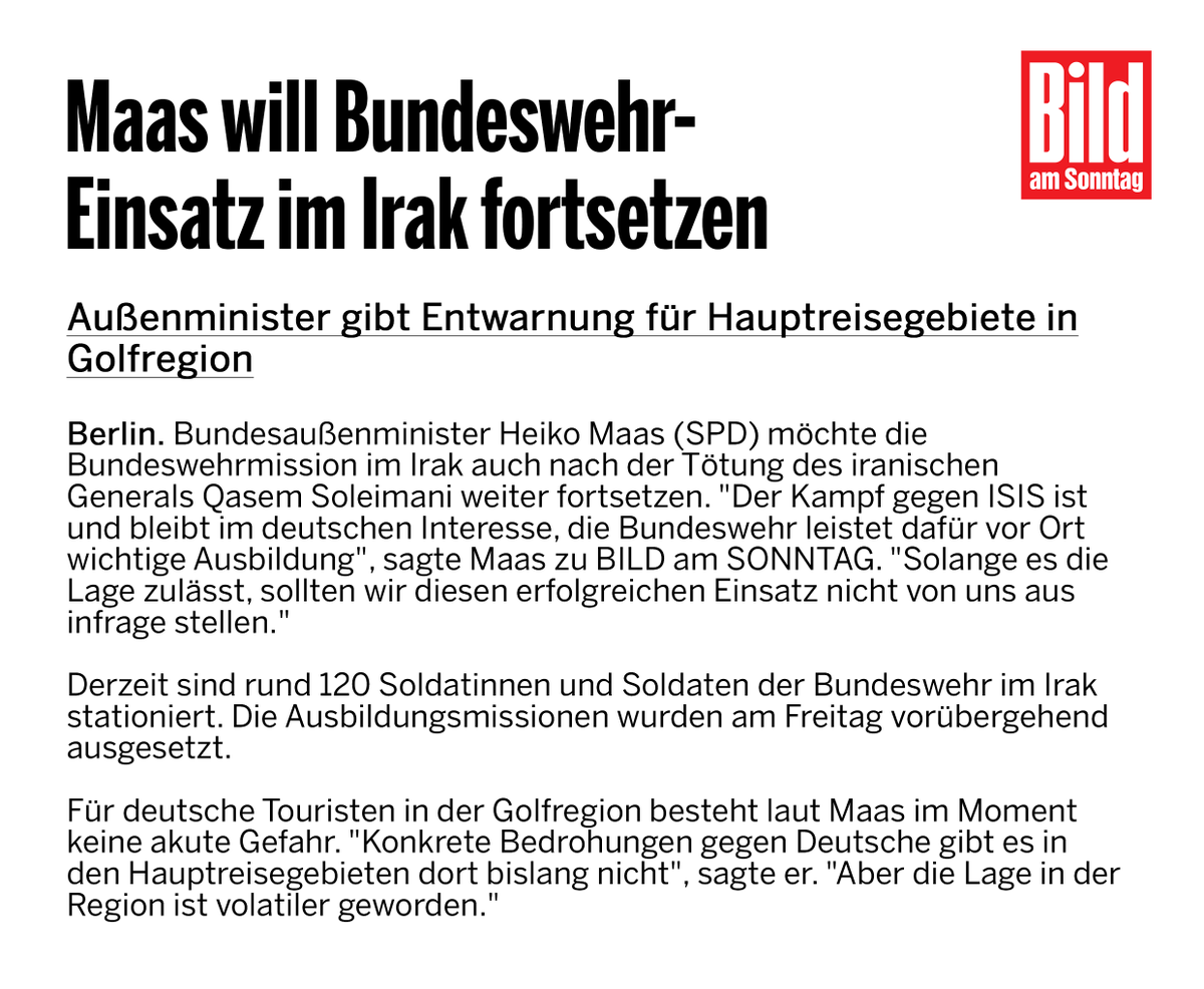 Maas will Bundeswehr-Einsatz im Irak fortsetzen