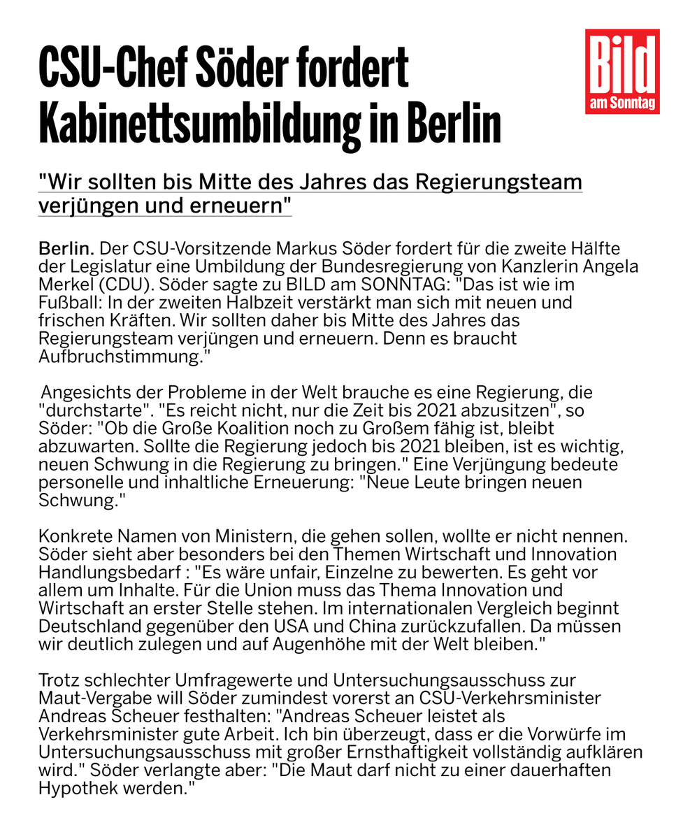 CSU-Chef Söder fordert Kabinettsumbildung in Berlin