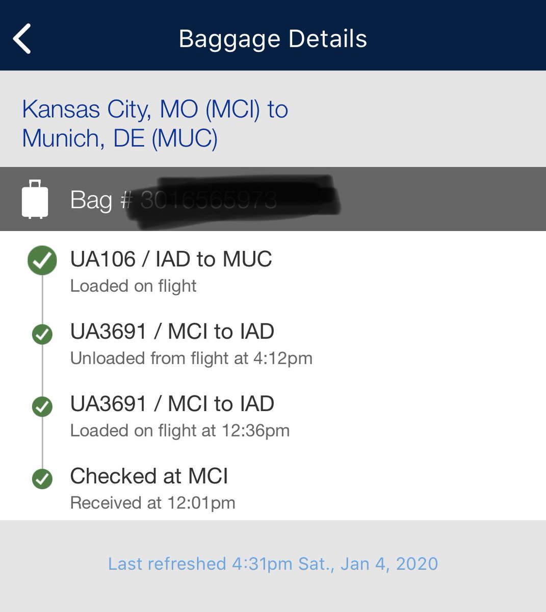 jasoncupp's tweet photo. I don’t check my bag ever, but decided today. Thanks @united for the AWESOME in-app tool for me to be assured my bags are on my plane to Munich! Excellent! https://t.co/hIZlGQkakx