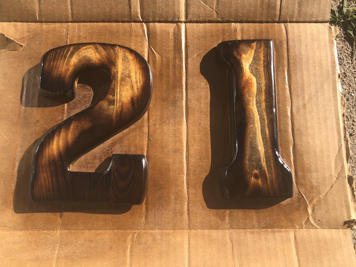 Bee_Ahrr's tweet photo. Wife wanted large address numbers for the house. A little fire, sandpaper, and spar urethane later...
#homedecor #wood #burnedfinish #sign #handmade https://t.co/WJ4JEgEJhL