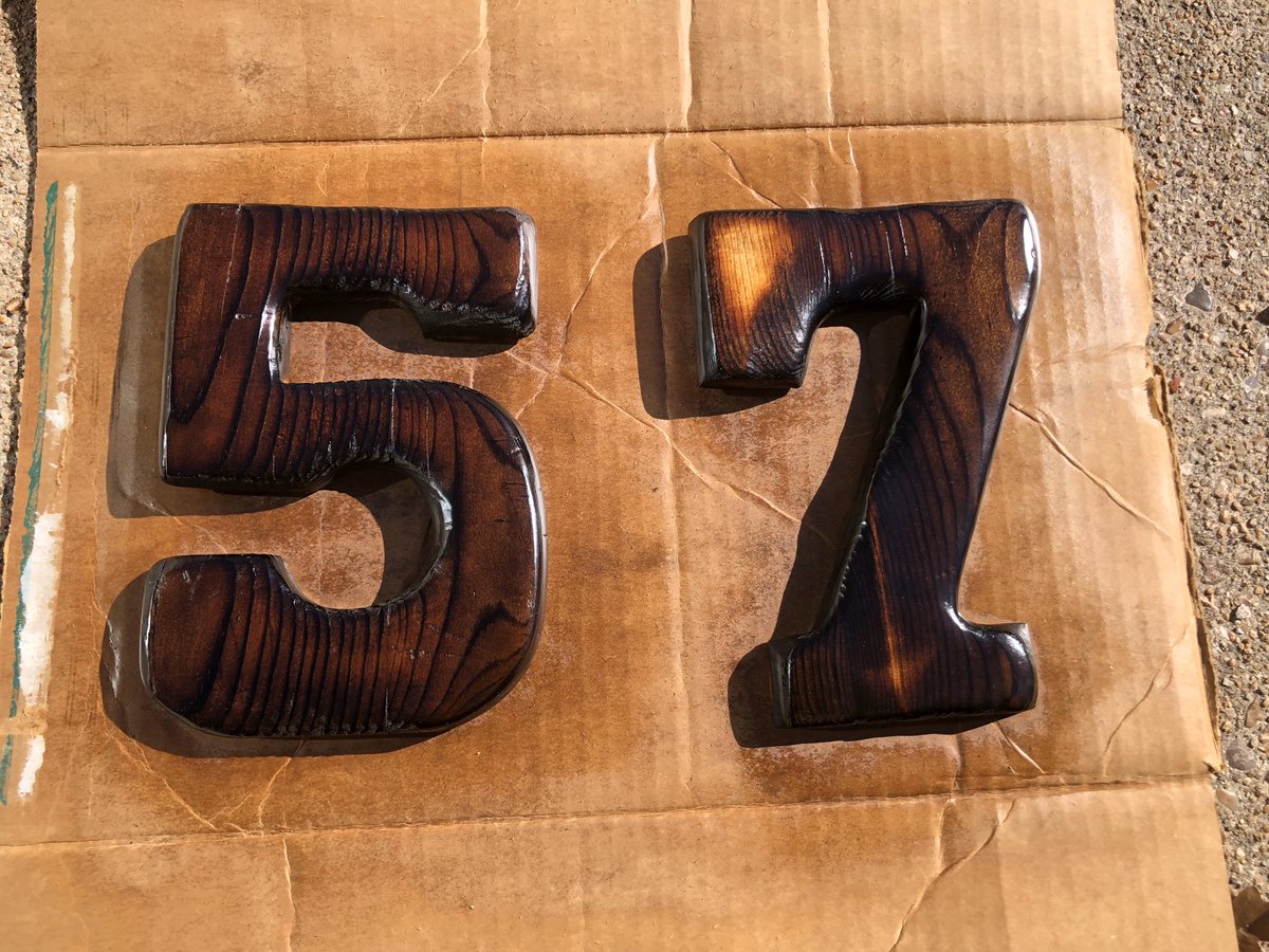 Bee_Ahrr's tweet photo. Wife wanted large address numbers for the house. A little fire, sandpaper, and spar urethane later...
#homedecor #wood #burnedfinish #sign #handmade https://t.co/WJ4JEgEJhL