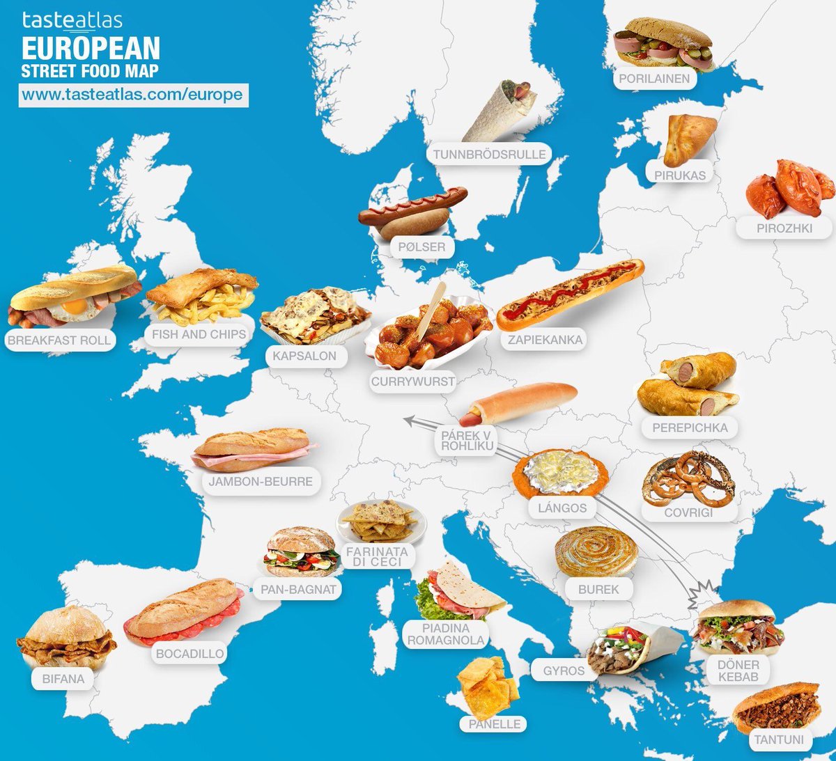 Con este mapa te haces una idea de la comida que podrías comer por la calle mientras visitas cualquier país de Europa. ¿con qué opción te quedas? Vía Tasteatlas