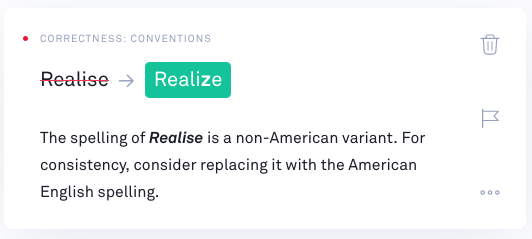 Screenshot of a message from Grammarly app suggesting 'realise' (with an s) should be replaced with 'realize' (with a z) 