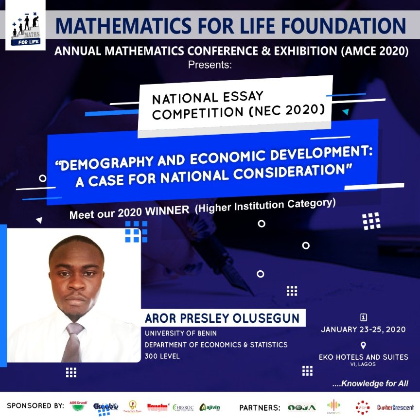 maths4lifengo's tweet photo. William Makepeace Thackeray once said "Next to Excellence is the appreciation of it."
Behold the winner of the National Essay Competition.
Aror Presley Olusegun from the University of Benin.
#AMCE2020 #NMA #NMC #NMT #NEC
https://t.co/QiVhiHH46B https://t.co/xV7VHWsPbu