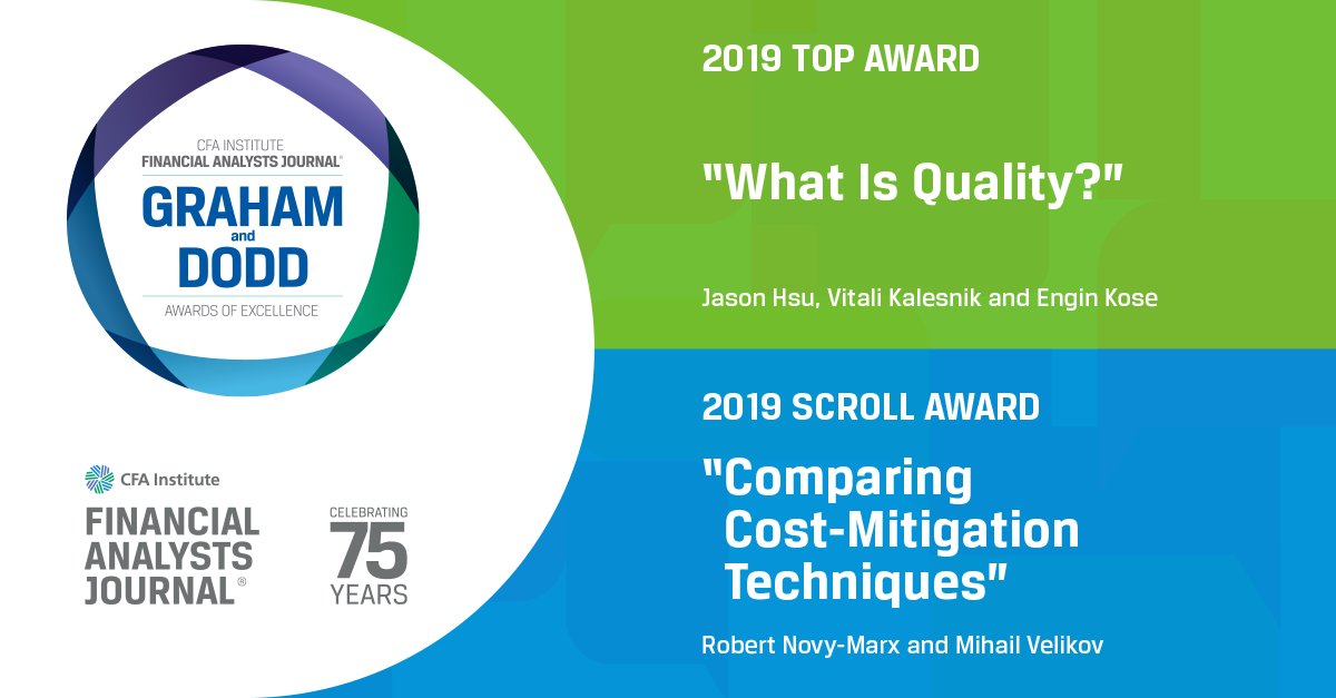 FAJeditorHeidi's tweet photo. The 2019 Graham and Dodd Top award goes to What is Quality?” by
@hsu_jason, Vitali Kalesnik, and Engin Kose.  Scroll Award,
to “Comparing Cost-Mitigation Techniques”, by Robert Novy-Marx of
and Mihail Velikov. Thank you for your #Impactful #research
#FinancialAnalystsJournal https://t.co/YYfSX9xLuE