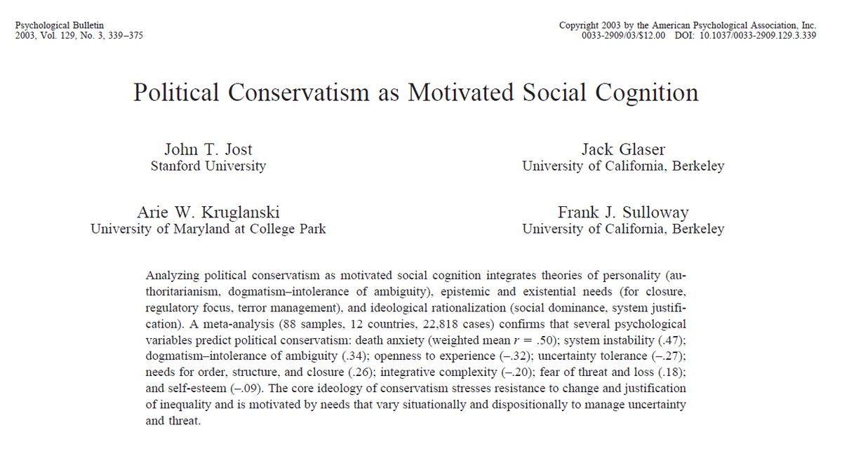 But these biases are not restricted to equalitarian biases. This famous paper (also by Jost et al) reported a meta-analysis showing conservatives WAY MORE rigid/dogmatic than liberals.