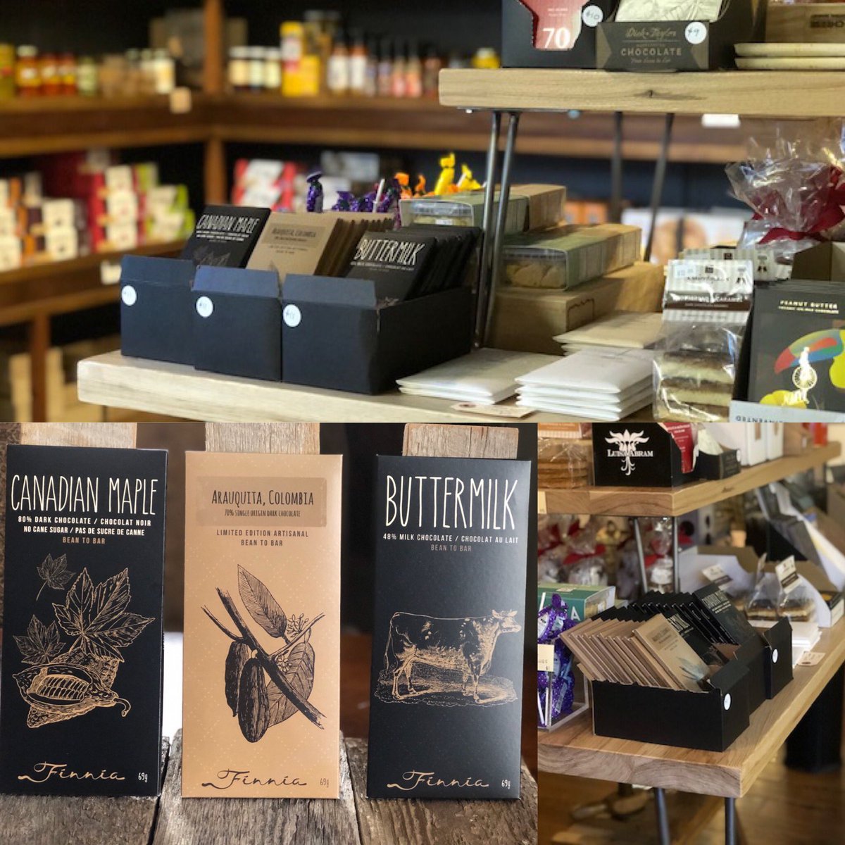 Where can you find Finnia Chocolate these days and our 3 most popular craft chocolate bars? Sunny California at the Cheese Cave in Claremont! Made in the snow but served in the sun. 🍫😀❤️#beantobar #claremont #california #manitoulinisland #cheesecave