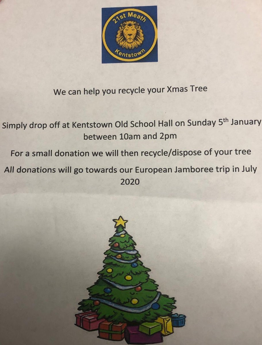 HMcEntee's tweet photo. Unfortunately it’s nearing that time when Christmas trees and decorations must come down ☹️ If you’re wondering what to do with your tree then look no further #recycle @21St_Meath #scouts #Kentstown #Meath (Going up keep mine up for just one more night 😀) https://t.co/iVjWAbpoke