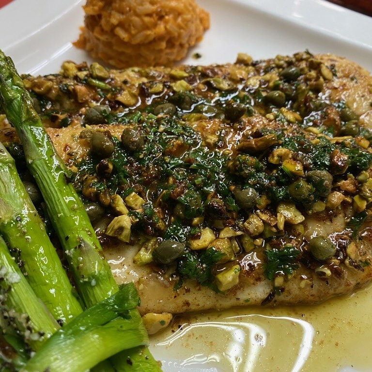 Most dry, aromatic white wines will pair well with this fish, including pinot grigio.

Can you guess which fish I used to create this dish? 🐟 

*hint
1) __________ with brown butter and pistachios
2) Follow <a href="/cheflasse/">Lasse Iversen</a> on Instagram

#nationaltriviaday #foodislove #vikingchef