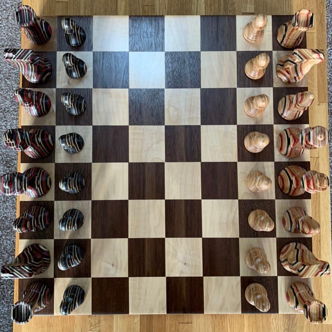 BuiltByBasil's tweet photo. Recycled skateboard chess set all done so happy with it!

Would not have been possible if it was not for David @dedwooddesigns. He made the board and the blocks for the peices that I turned.

#woodworking #Chess #chess https://t.co/N2oodqVfqh