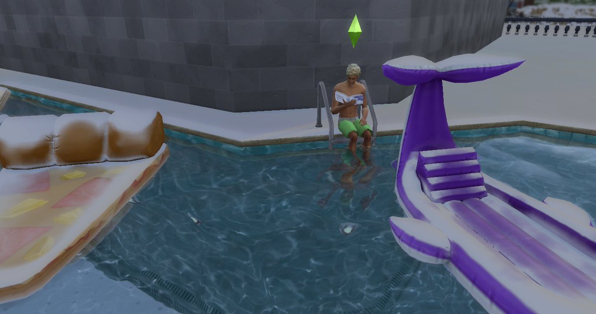 btspolysims's tweet photo. Namjoon's work assignment is reading books 📚 - problem is, for some reason, he decided to do it in the pool while it's snowy everywhere outside 😂❄️ https://t.co/GziUOvv0NC