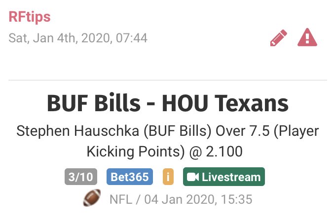 FtipsR's tweet image. Hoy inicia la ronda de comodines de la #NFL100  y aquí una jugada con mucho valor.

Hauschka (#GoBills ) over 7.5 puntos de patada
Momio: 2.1
Porcentaje: 3%