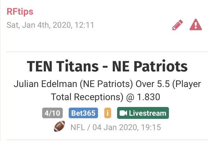 FtipsR's tweet image. Partido muy interesante esta noche en Foxboro. Vamos con un pick para completar los partidos de comodines de hoy.

Edelman (#GoPats) over 5.5 recepciones 
Momio: 1.83
Porcentaje: 4%