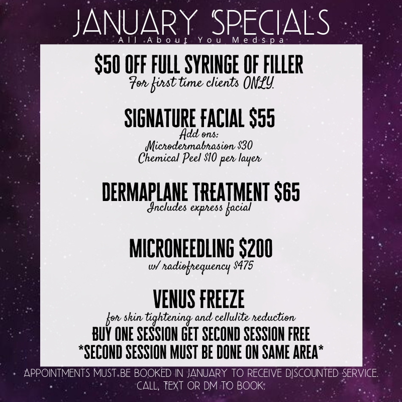 allaboutumedspa's tweet photo. January Specials! #botox #medspa #arizona #spa #gilbertaz #downtowngilbert #chandleraz #mesaaz #scottsdale #santanvalley #queencreek #filler #lipinjections #microneedling #antiaging #reverseaging https://t.co/AjgLZ66hRP