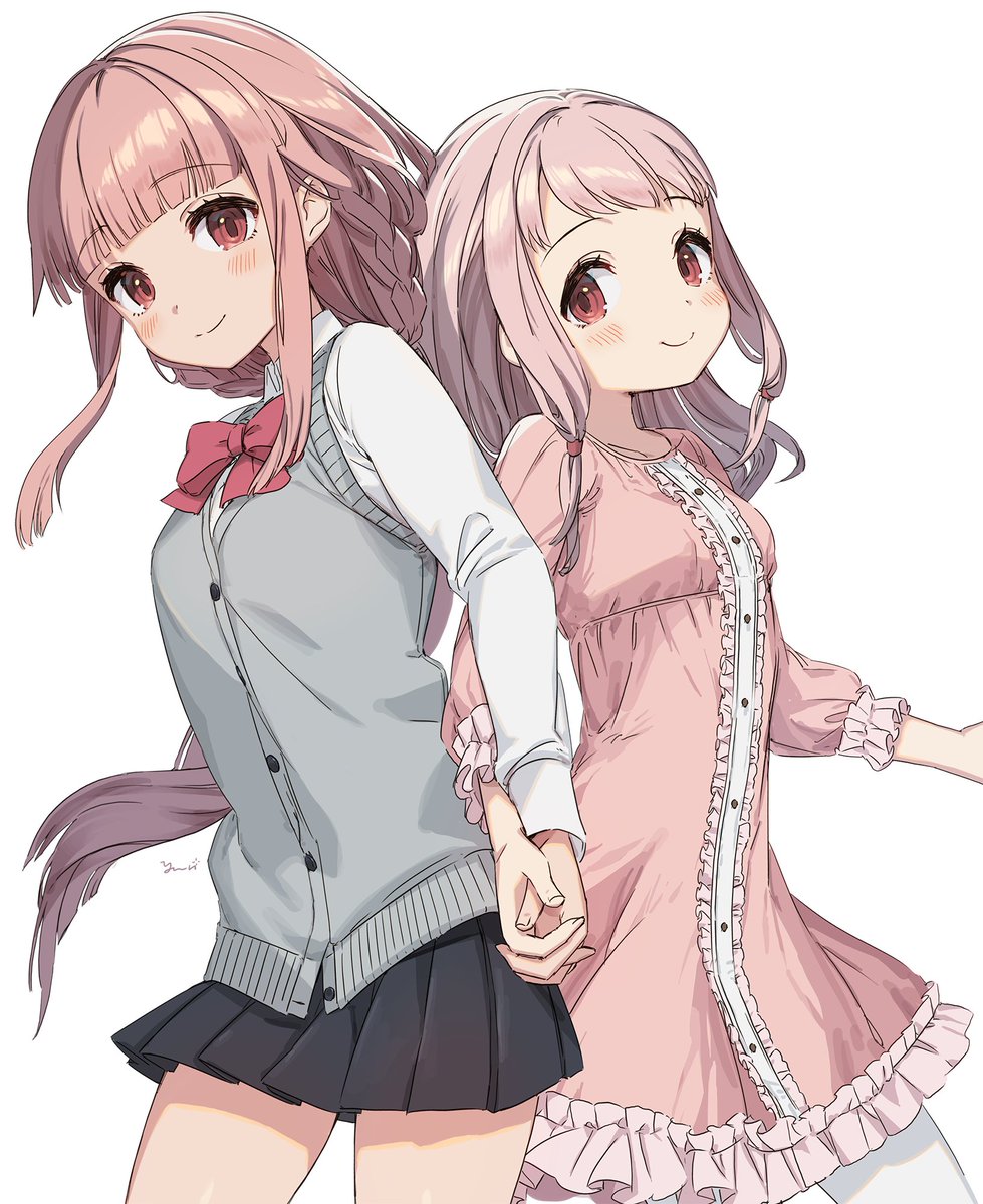 tamaki iroha cardigan vest multiple girls 2girls pink hair skirt black skirt smile  illustration images