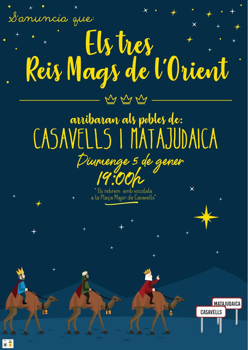 agendacampanar's tweet photo. Diumenge 5 de gener, a les 19 h, arribada dels Reis Mags a Casavells i Matajudaica.
_
#AgendaElCampanar #VisitCorçà #Corçà #Casavells #Matajudaica #CassàDePelràs #Planils #Empordà #BaixEmpordà #VisitEmpordanet #CostaBrava #Turisme #activitats #cultura #ElCampanar #SortirAmbNens https://t.co/VDUjOcGvVt