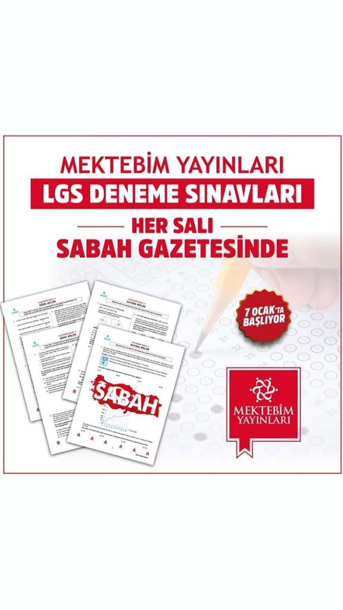 7 Ocak’tan itibaren Mektebim Yayınlarının hazırladığı “LGS Deneme Sınavı” her salı Sabah gazetesinde... 🗞 
#Mektebim
#GelecekBenim
#SabahGazetesi