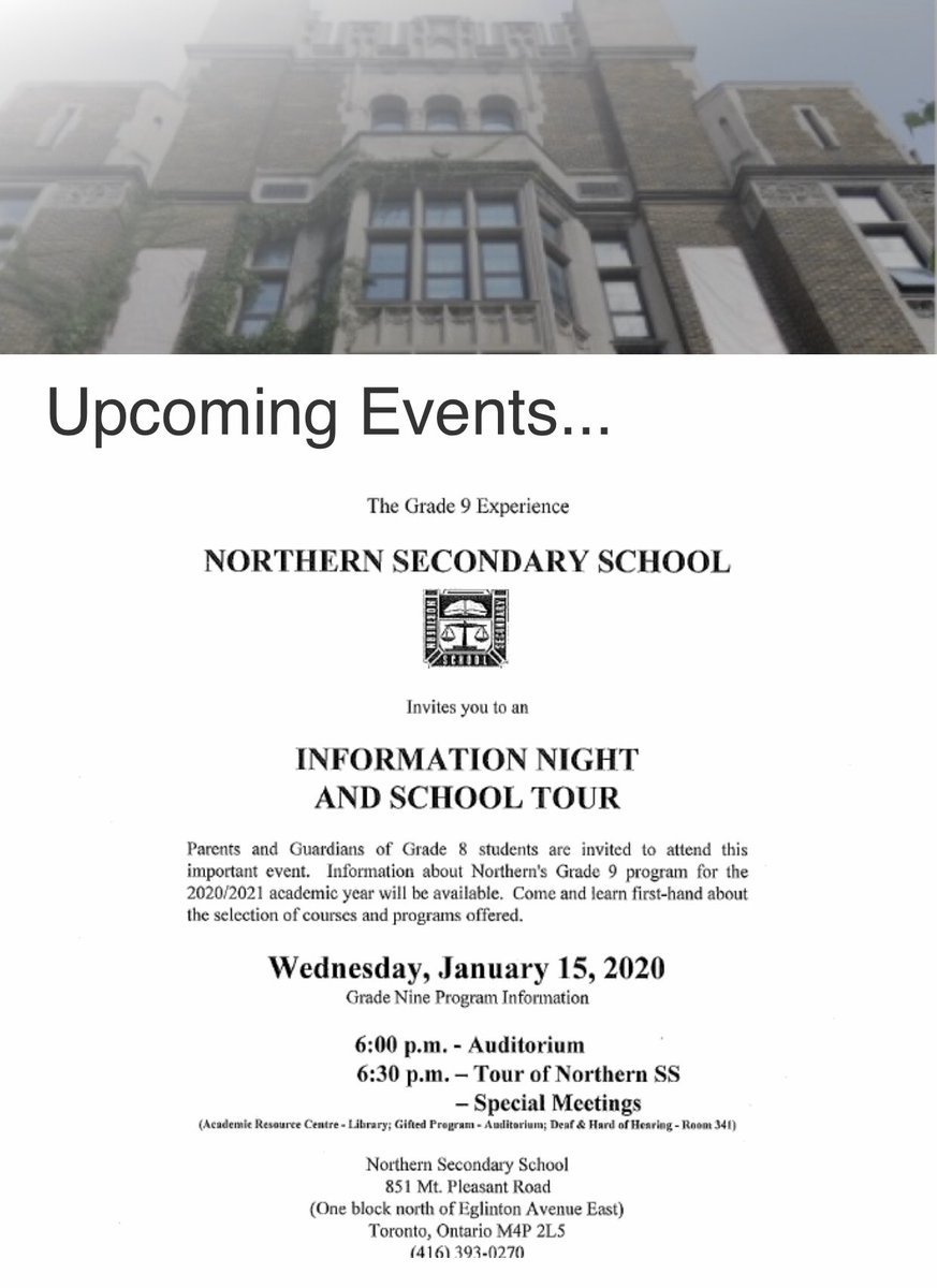 It’s that time of year... where grade 8 students, families &amp; guardians start to look forward to high school!  Come and join us to find out about the Northern experience #nssrocks <a href="/PrincipalNSS/">Adam Marshall</a> @ChastyJohn <a href="/LC1_TDSB/">Learning Centre 1</a> *details in pic attached  or at schoolweb.tdsb.on.ca/northernss/