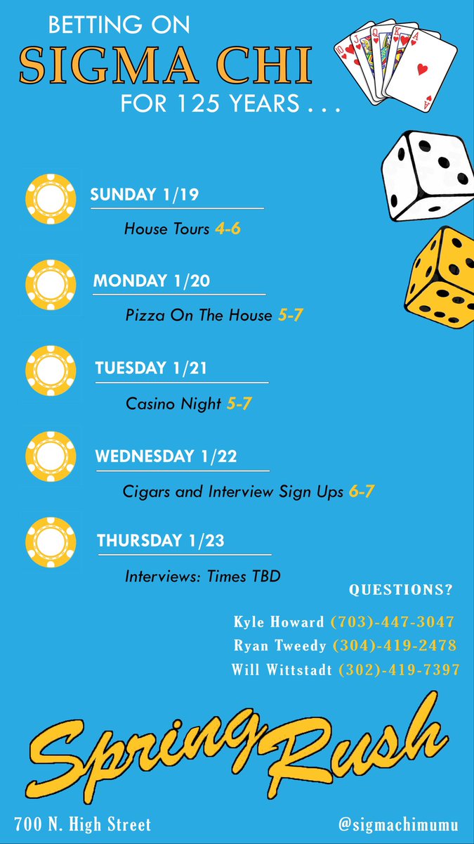 Come out to rush and find out why Sigma Chi is the right fit for you. Contact our rush chairs with any questions
