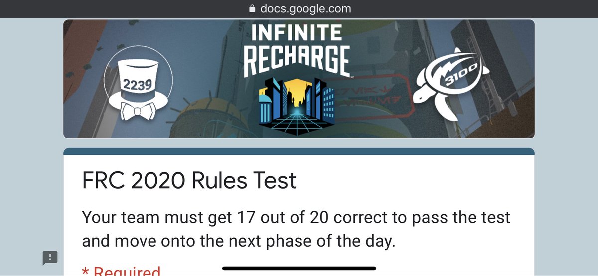 frc3100's tweet photo. May all your strategizing deliver a highly functional and reliable robot and may you get at least 17 questions right on the rules test! #INFINITERECHARGE @MNFIRSTRegional @Team2239 https://t.co/XXT7vJIYuZ