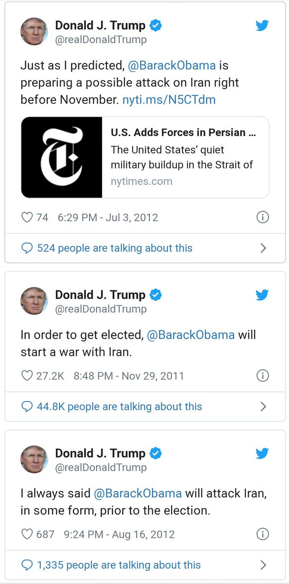 FagioliEnrico's tweet photo. In pratica, nel 2011, #Trump suggeriva la linea politica ad #Obama. #War against #Iran in order to #winelection. https://t.co/CJBLZAk98e