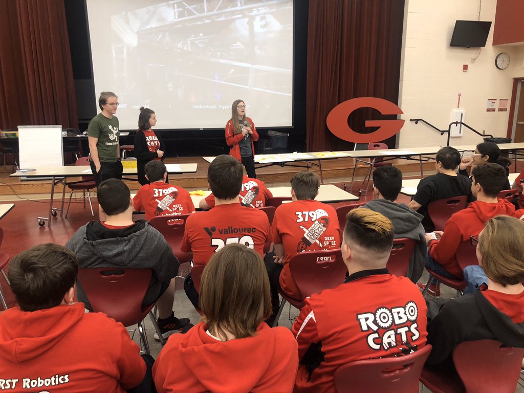 Happy kickoff! We have some of our alumni here come and talk to/ help us out today! We’re currently going over the game manual for this year’s challenge! #FIRSTRise #FIRSTRobotics