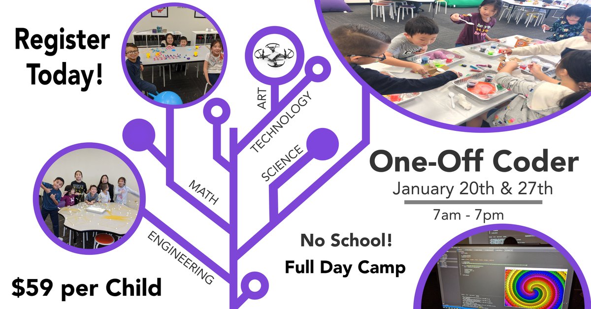 oneoffcoder's tweet photo. CAMP DAY!!! NO SCHOOL!
Jan. 20th and Jan. 27th
Come Join the fun and learn coding!
#iocoder #oneoffcoder #coding #math #engineering #science #stem #steam #camp #fulldaycamp #kidscoding #noschool https://t.co/IIDfgHHT0V