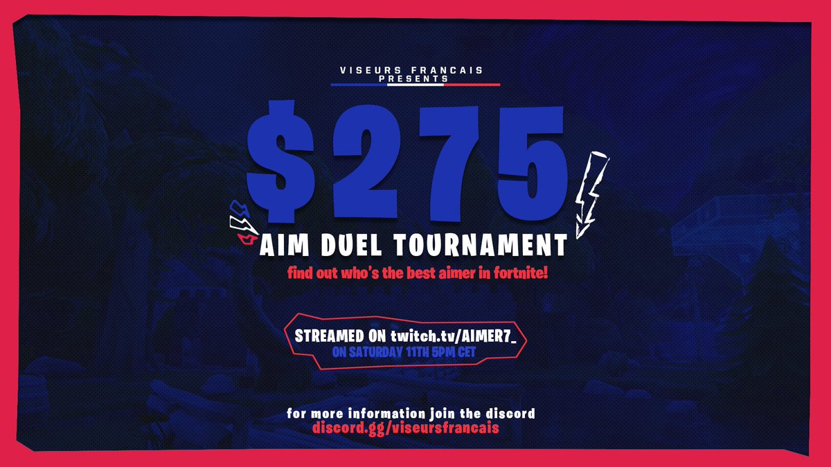vF_AIMER7's tweet image. So happy to announce the first aim duel tourney organized by @viseursFrancais. It's OPEN to everyone on Saturday 11th at 5PM CET, with $275 cashprize.
Wanna find out if you can compete with the best aimers in Fortnite? Then join vF discord to register discord.gg/viseursfrancais