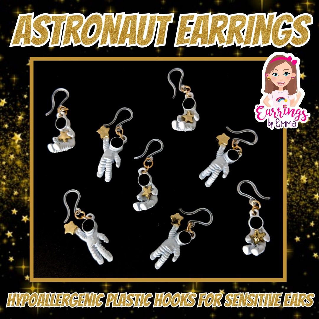 earringsbyemma's tweet photo. 👩🚀⭐ Astronaut Star Earrings! 👩🚀⭐ Made with hypoallergenic plastic hooks for sensitive ears! 👩🚀⭐
#earringsbyemma #plasticposts #sensitiveears #metalallergy #earringallergy #hypoallergenicearrings #astronautearrings #nasaearrings #classicalconversations https://t.co/T8VF2m2pyC